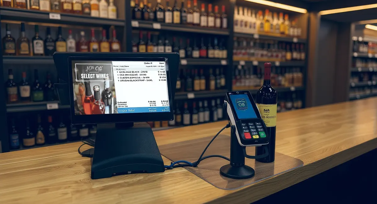 Liquor Store OS POS system on a checkout counter in a modern liquor store with shelves of spirits and wine