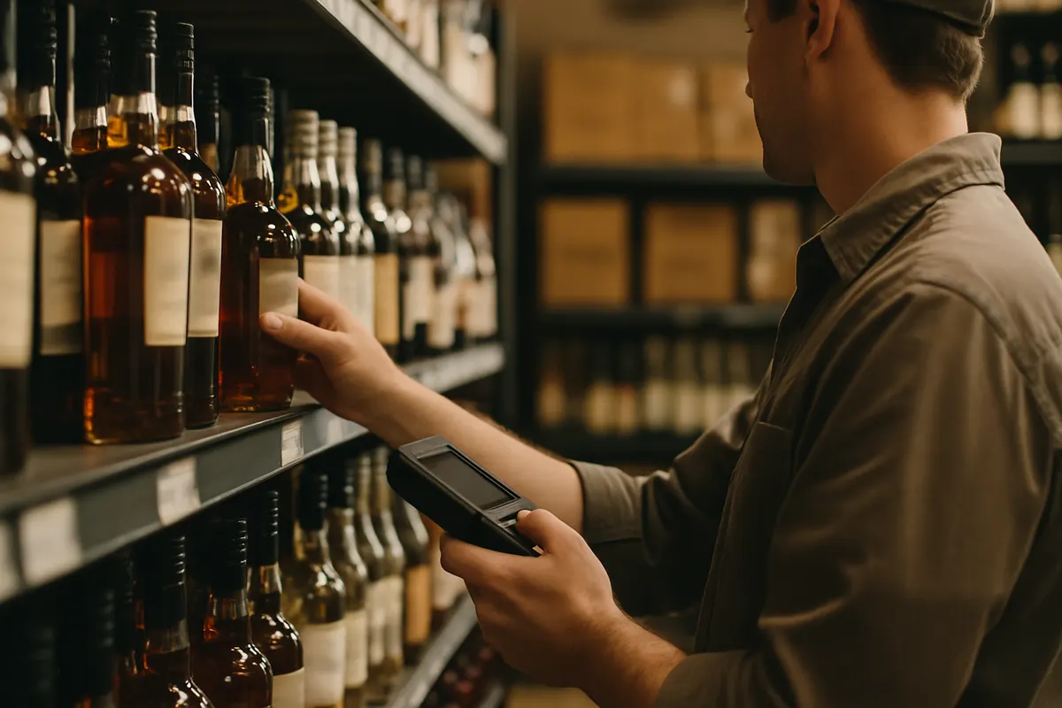Clerk counting bottles on a liquor store shelf with a handheld scanner